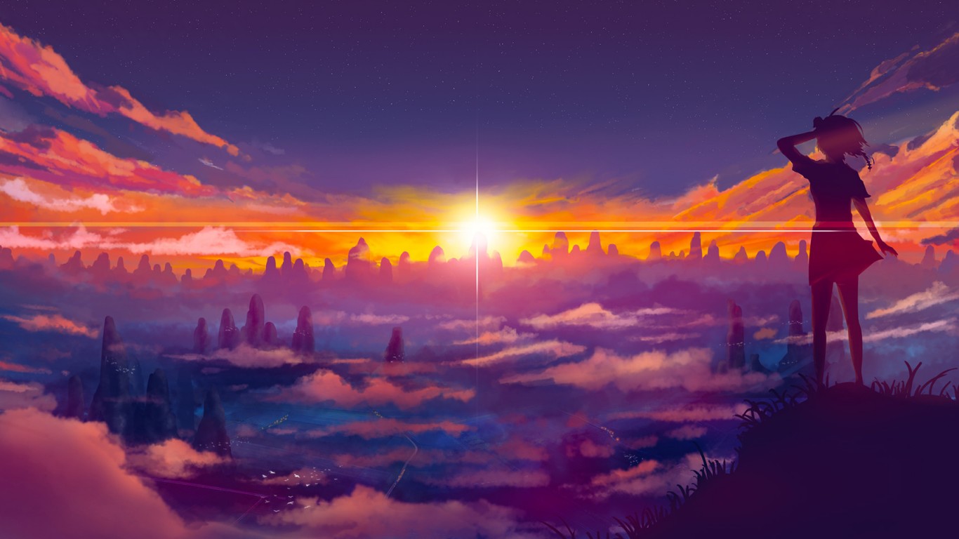 Anime Sunset HD Wallpaper 1366x768 - HD Wallpaper 
