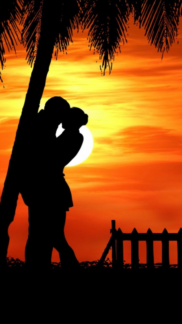 Couple silhouette kissing under a tree HD Wallpaper iPhone 5 / 5S (& iPod)  - HD Wallpaper 