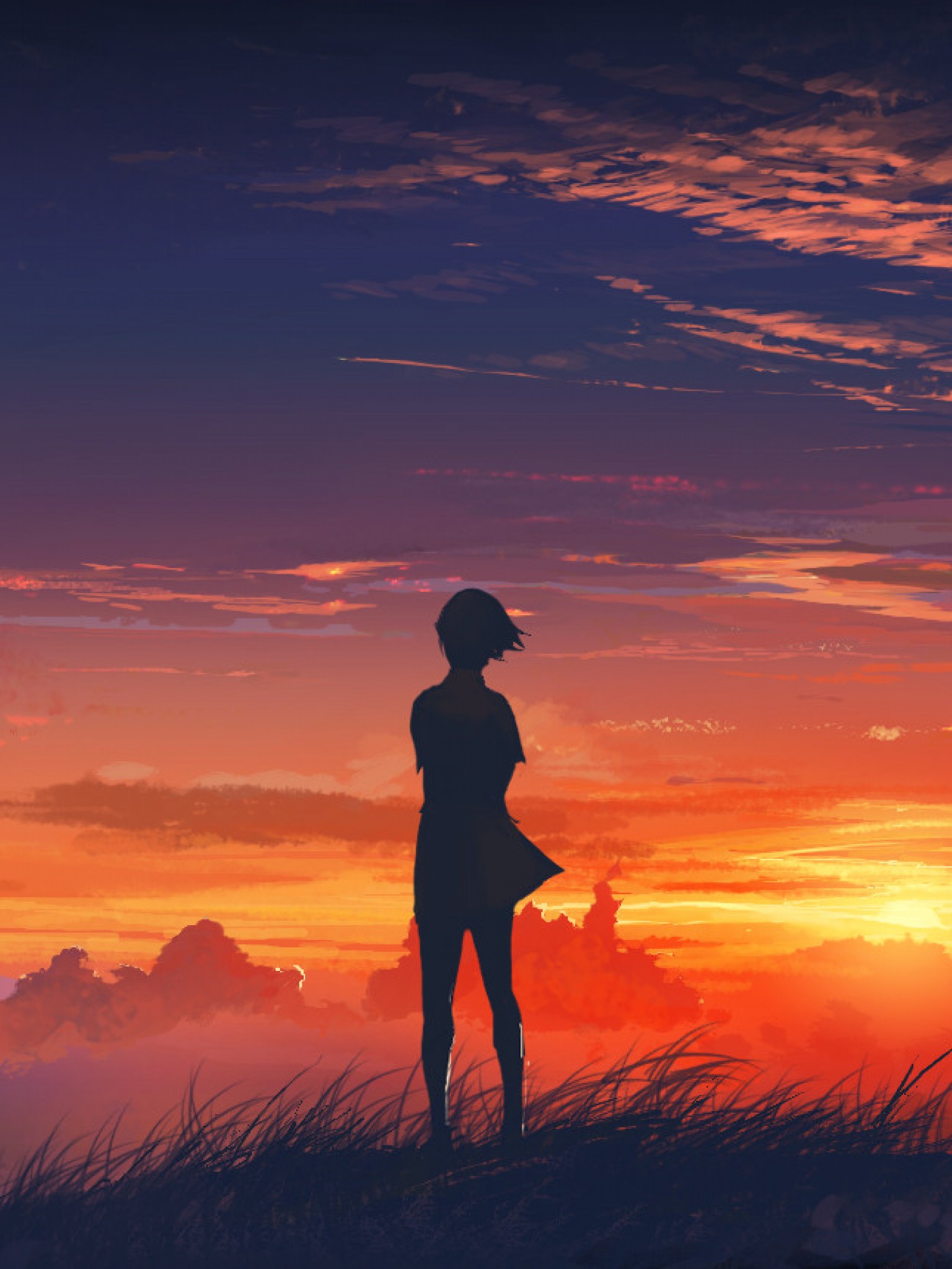 Sunset anime girl HD Wallpaper Retina iPad - HD Wallpaper 