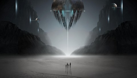 Alien silhouettes under UFO HD Wallpaper