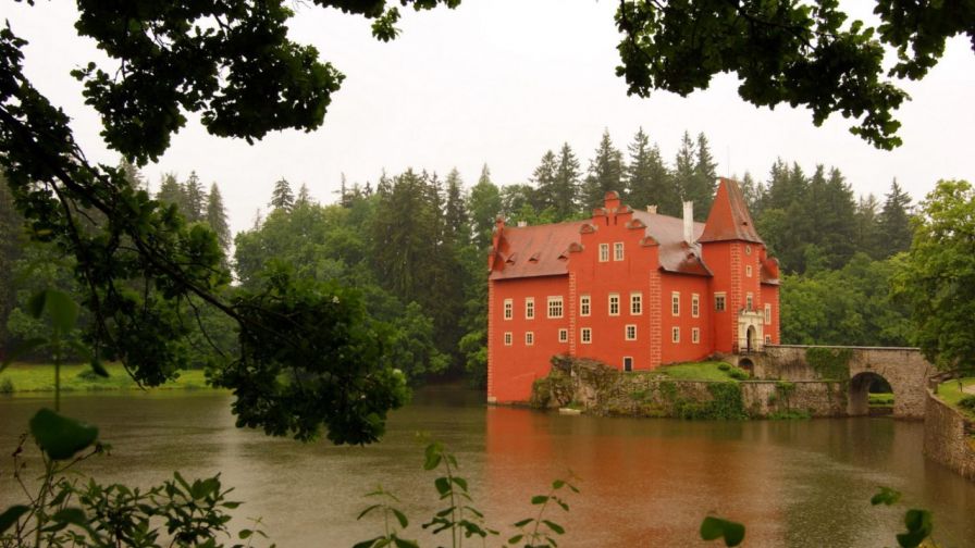 Beautiful castle on a lake in rain HD Wallpaper