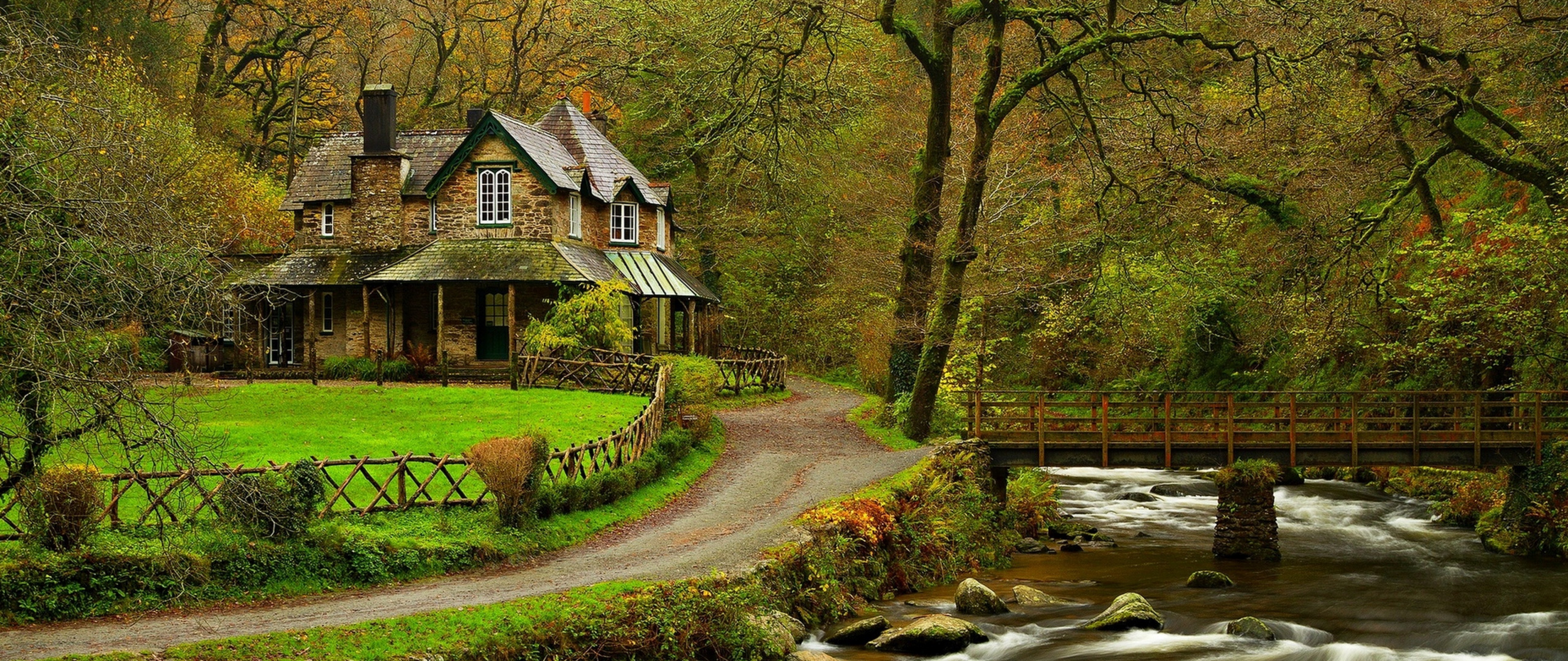 Beautiful house next to the river HD Wallpaper