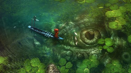Crocodile Eye Water Girl Fishing HD Wallpaper