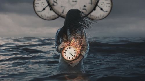 Girl with a clock inside the sea HD Wallpaper