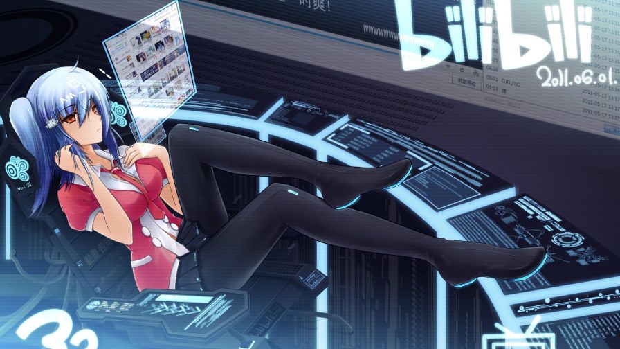 Hot cyber girl long legs blue hair anime art  HD wallpaper