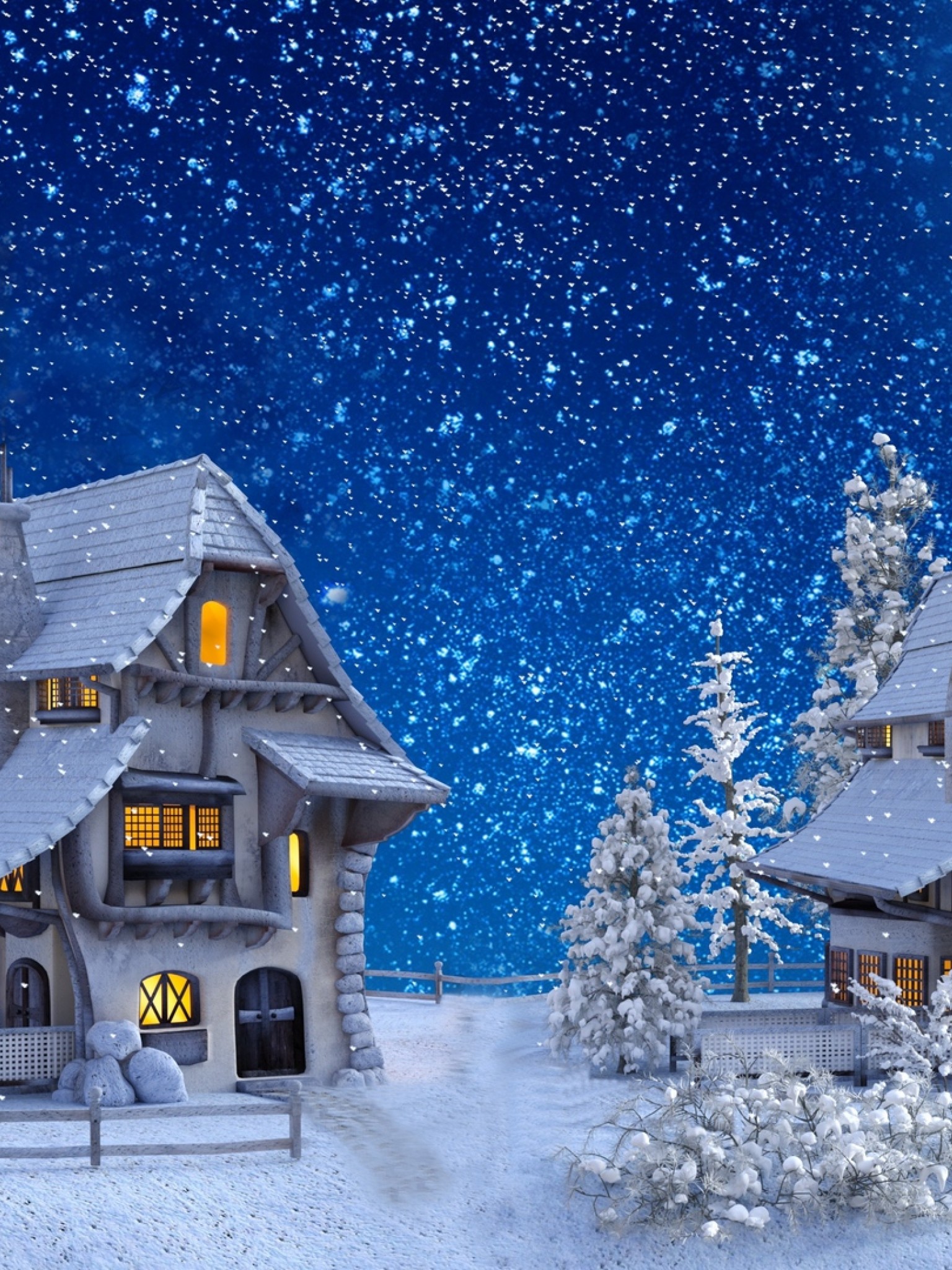 Houses covered in snow painting HD Wallpaper