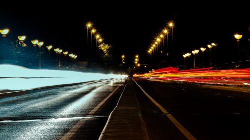Road at night long exposure HD Wallpaper