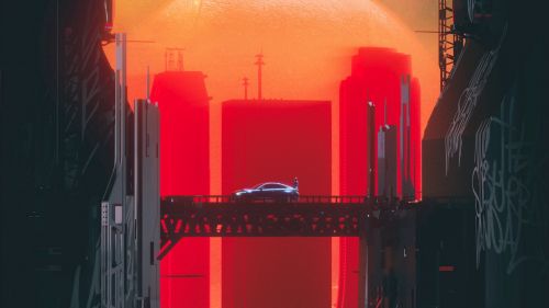 Sci-fi car over the city bridge HD Wallpaper