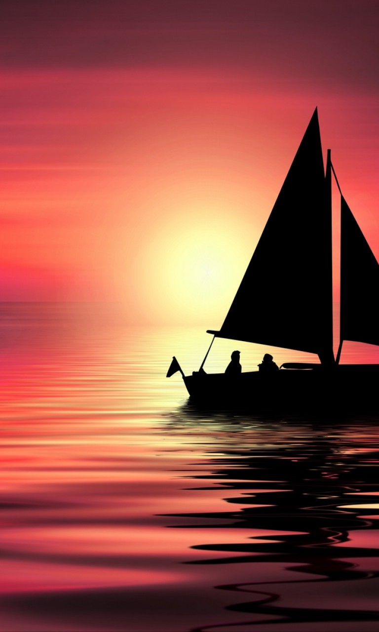 Silhouette of small yacht sailing on sea HD Wallpaper
