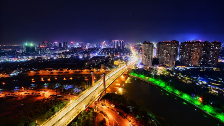 Aerial view of city at night HD Wallpaper