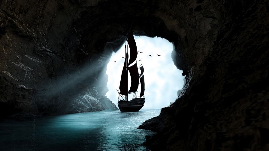 Boat sailing through a cave HD Wallpaper