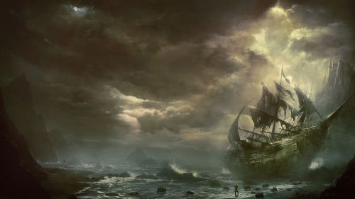 Destroyed ship over the sea HD Wallpaper