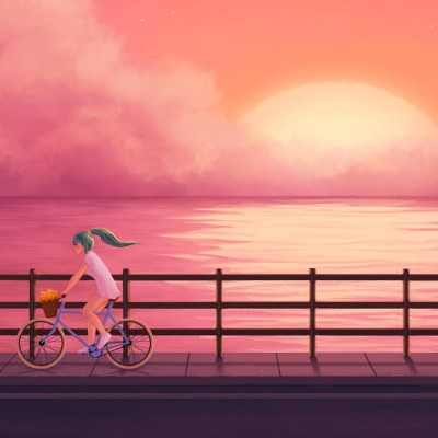Girl cycling next to the sea HD Wallpaper