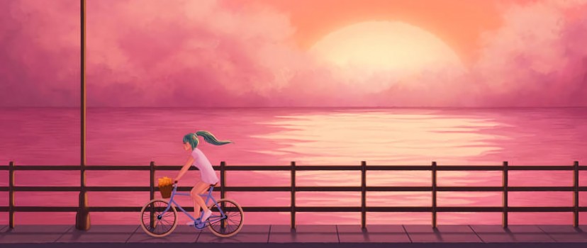 Girl cycling next to the sea HD Wallpaper