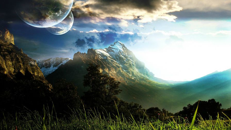 Mountains And Planets 4K Hd Wallpaper for Desktop and Mobiles