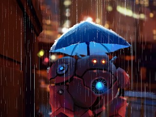 Robot under an umbrella HD Wallpaper