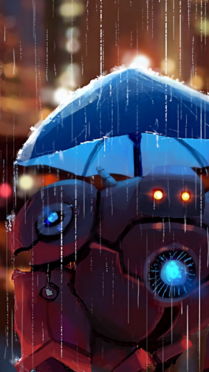 Robot under an umbrella HD Wallpaper