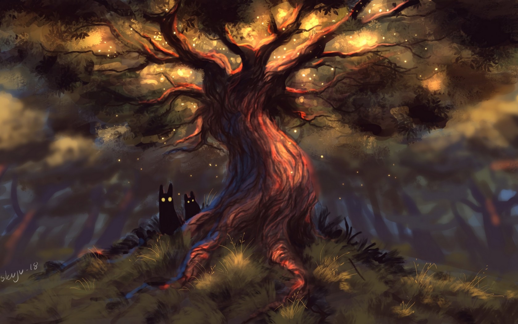 Scary creatures around a tree HD Wallpaper