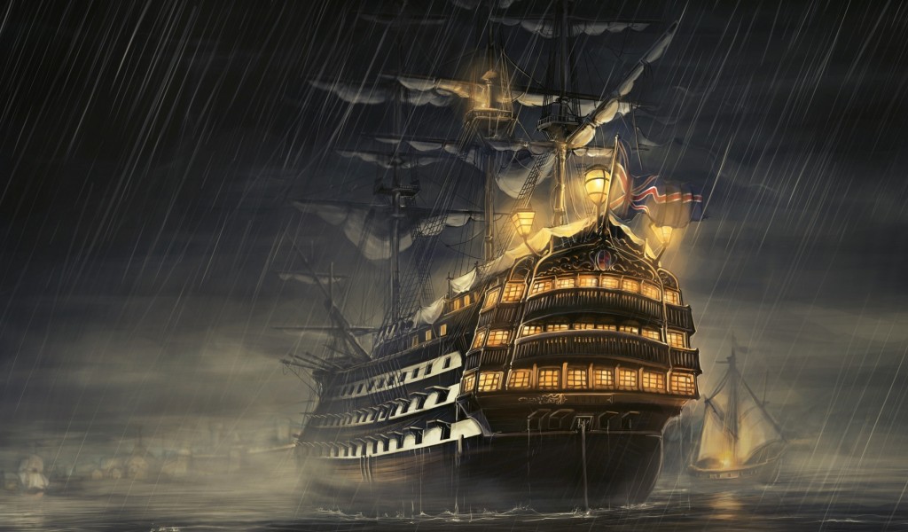 Ship sailing under the rain HD Wallpaper