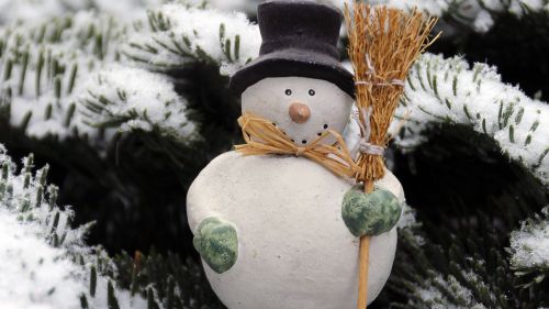 Snow Man Wearing Black Hat Holding Brown Broom HD Wallpaper